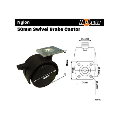 Move It 50mm Hooded Plate Furniture Castor with Brake, Twin Nylon Wheels, Swivel, 2 Pack