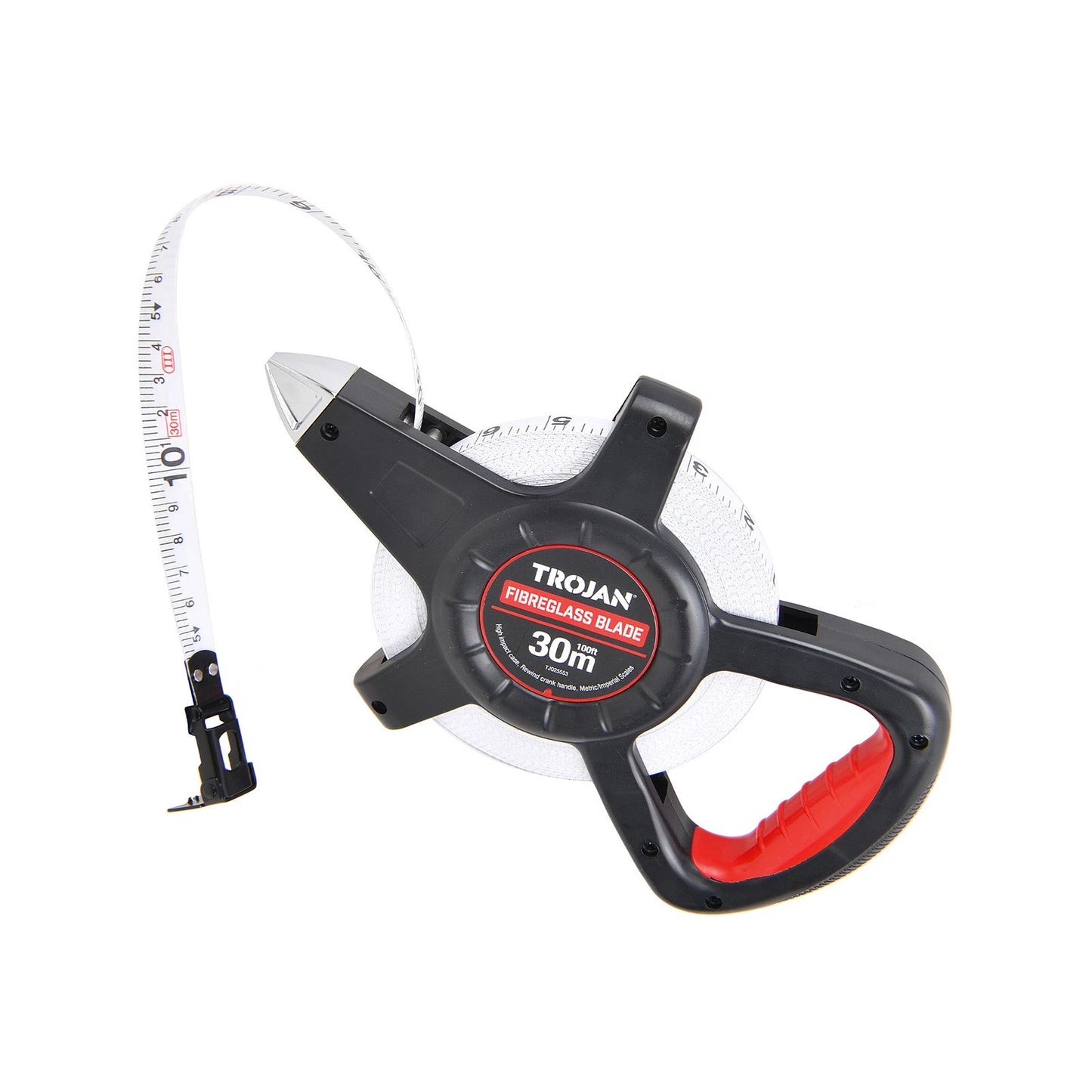 Trojan 30m Open Reel Tape Measure, Double-Sided Metric & Imperial, Fibreglass, Folding Hook