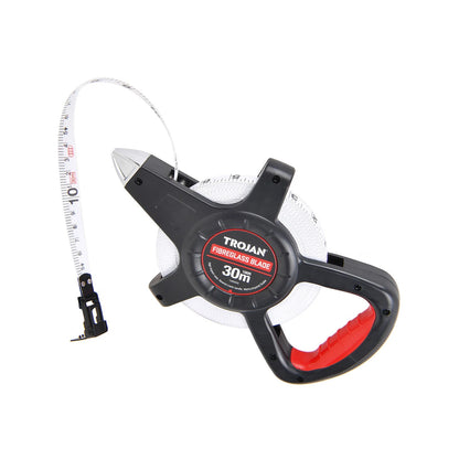 Trojan 30m Open Reel Tape Measure, Double-Sided Metric & Imperial, Fibreglass, Folding Hook