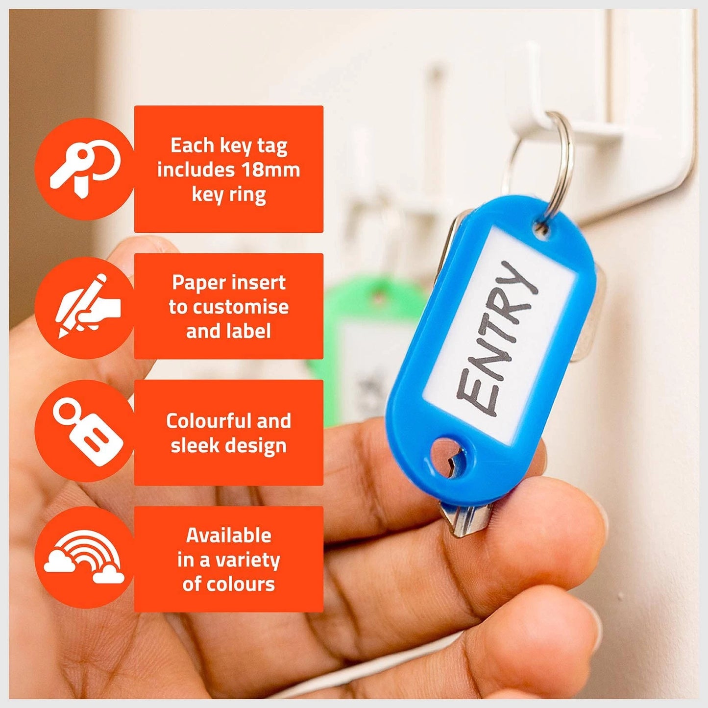 Taskmaster 50x22mm Key Tags 200 Pack, Writable Inserts, Assorted Colours, Durable Key Rings