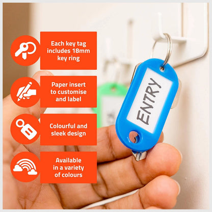 Taskmaster 50x22mm Key Tags 200 Pack, Writable Inserts, Assorted Colours, Durable Key Rings