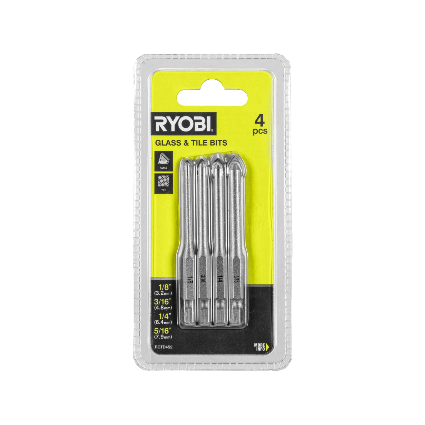 Ryobi Glass and Tile Drill Bit Set, 4-Piece, Carbide Head, ¼” Hex Shank