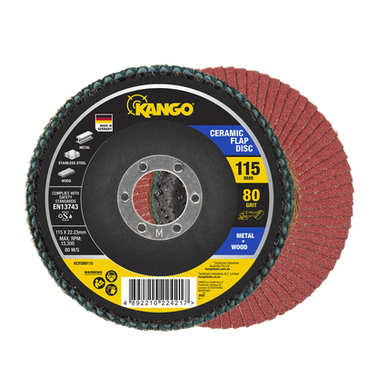 Kango 115mm 80G Ceramic Flap Disc, Self-Sharpening, High Removal Rate, Angle Grinder Compatible