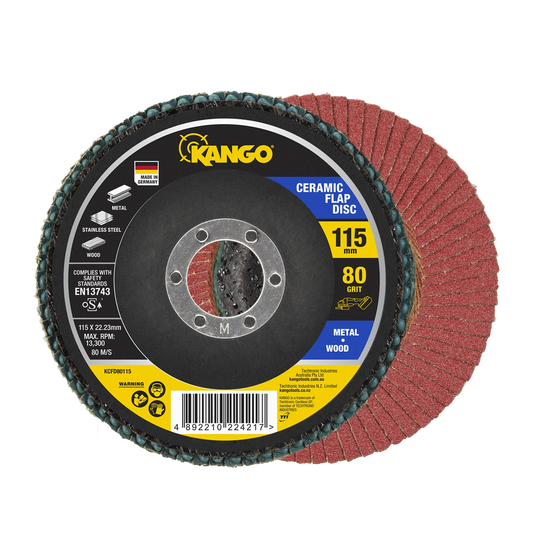 Kango 115mm 80G Ceramic Flap Disc, Self-Sharpening, High Removal Rate, Angle Grinder Compatible