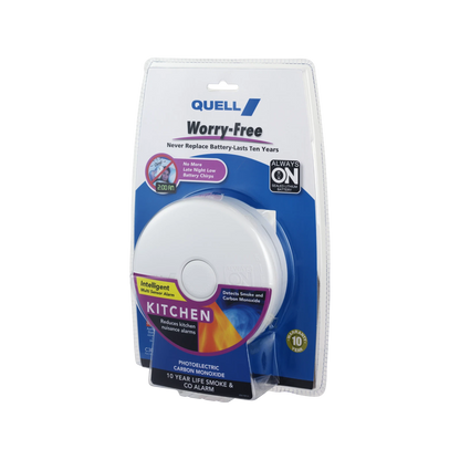 Quell Worry-Free Photoelectric & CO Alarm, 10-Year Battery, Dual Detection, Kitchen Safe