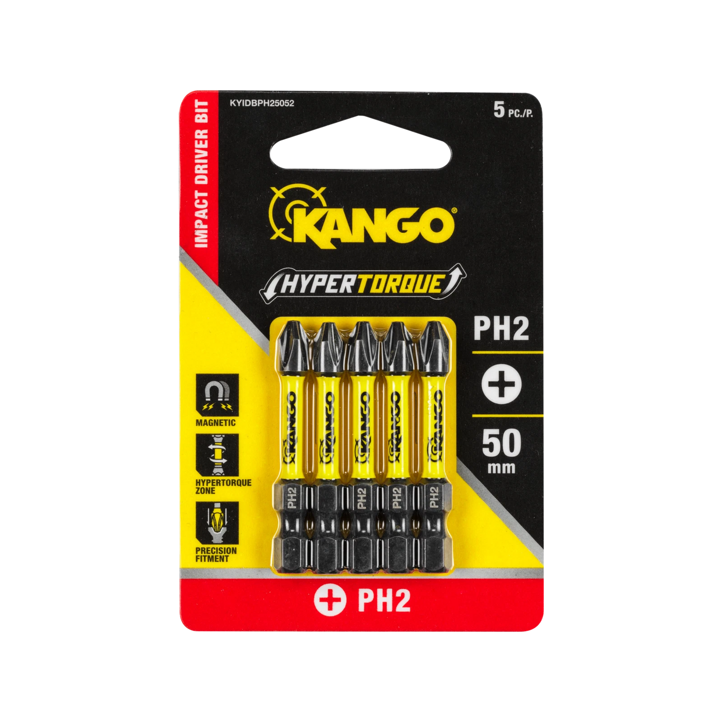 Kango 50mm PH2 Hypertorque Impact Driver Bits 5 Pack - Magnetised HEX Tips, Torsion Zone