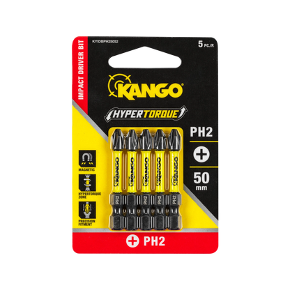 Kango 50mm PH2 Hypertorque Impact Driver Bits 5 Pack - Magnetised HEX Tips, Torsion Zone