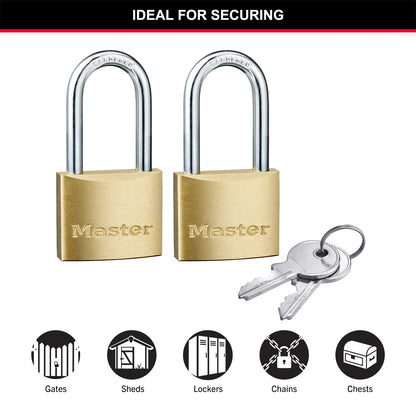 Master Lock 40mm Long Shackle Padlock 2 Pack, Brass Body, Hardened Steel Shackle