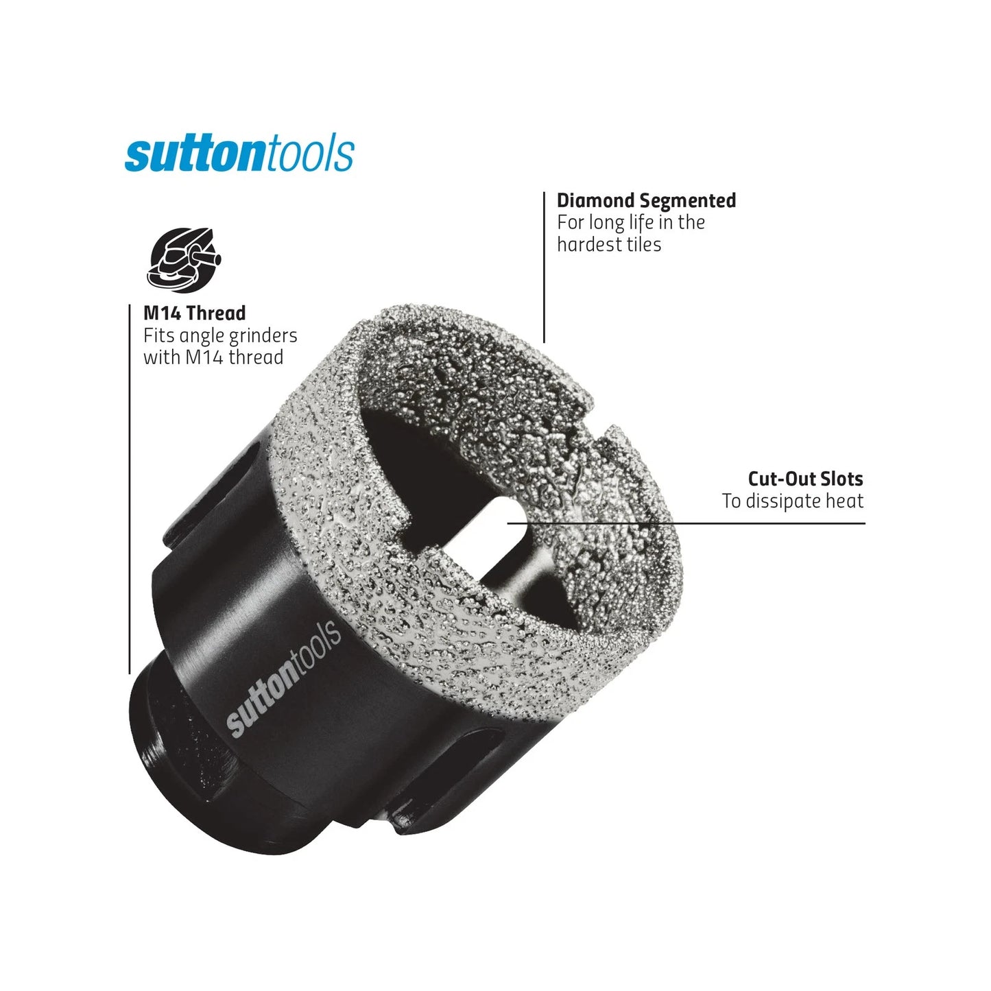 Sutton Tools 38mm M14 Diamond Core Bit, Universal Fit, 35mm Depth, Durable, Heat-Reducing