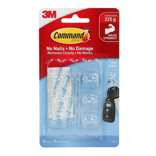 Command Mini Clear Adhesive Hooks 6 Pack - Strong Hold, Damage-Free, Versatile Surfaces