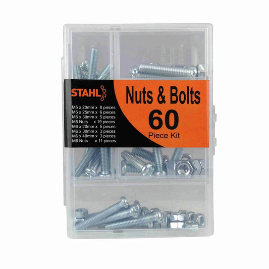 STAHL 60-Piece Nut and Bolt Set, Carbon Steel, Zinc Plated, DIY Home Repair Kit
