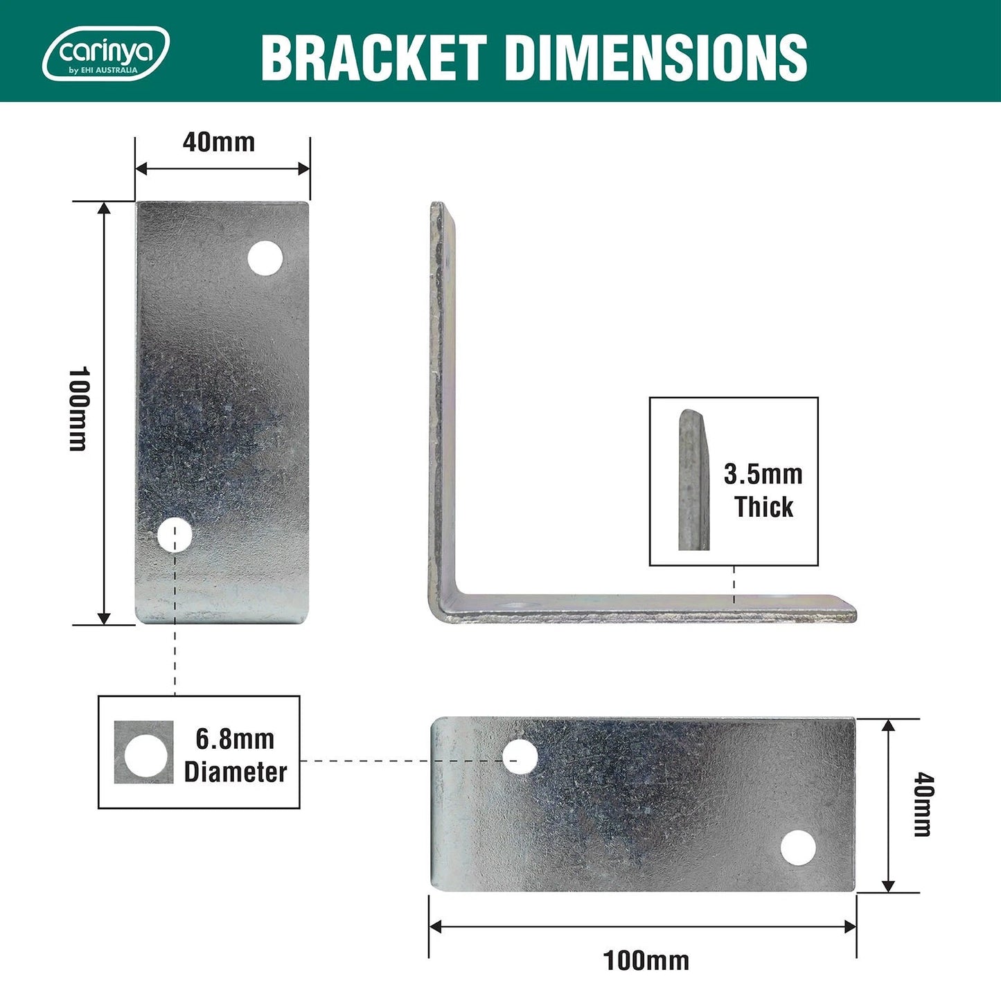 Carinya Zinc Plated Reinforcing Angle Bracket 100x100x40x3.5mm Durable Indoor/Outdoor Use