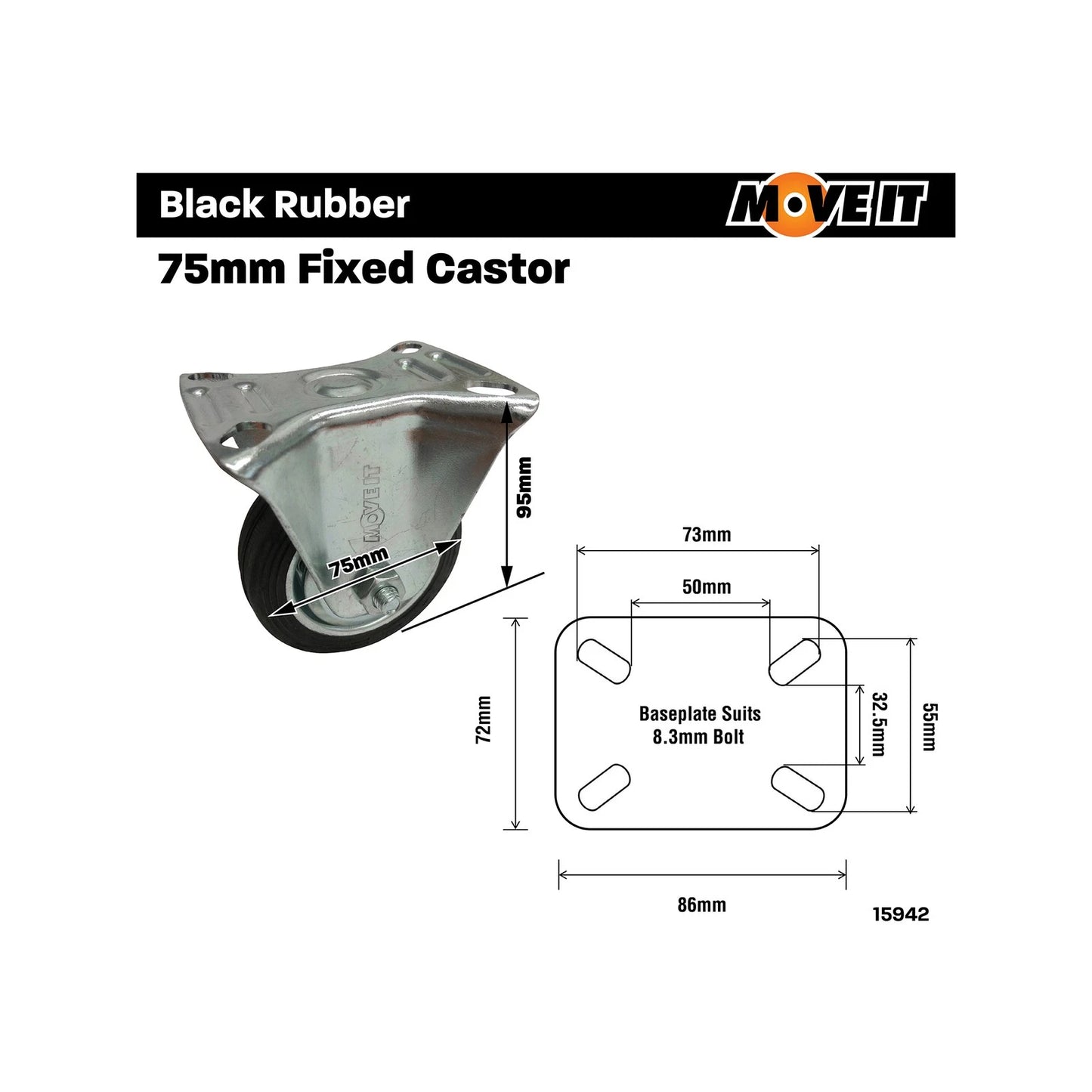 Move It 75mm Black Rubber Fixed Plate Castor 50kg Load Capacity Durable Industrial Use