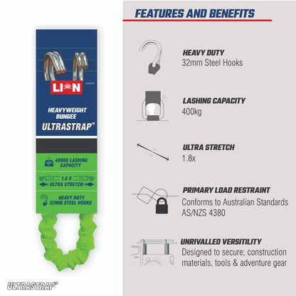 Lion Ultrastrap 80-150cm Heavy-Duty Bungee, 800kg Break Strength, AS/NZS 4380 Compliant