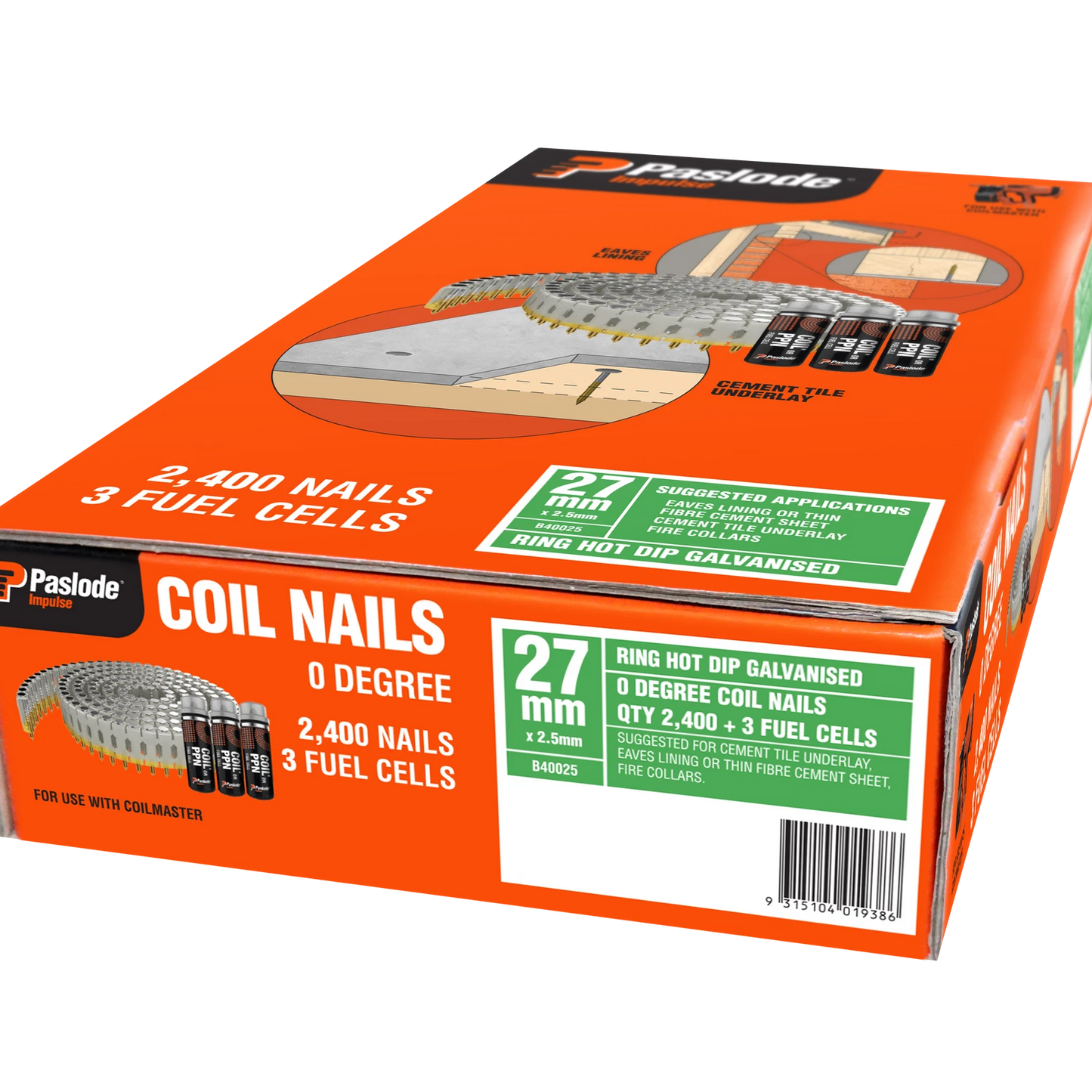 Paslode Galvanised Coil Nails 27x2.5mm, 2400 Box - Corrosion Resistant, Fast Installation