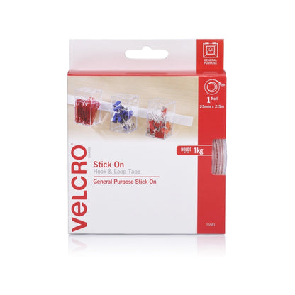 VELCRO® 25mm x 2.5m White Stick-On Hook and Loop Tape, Indoor Use, Adhesive Backed
