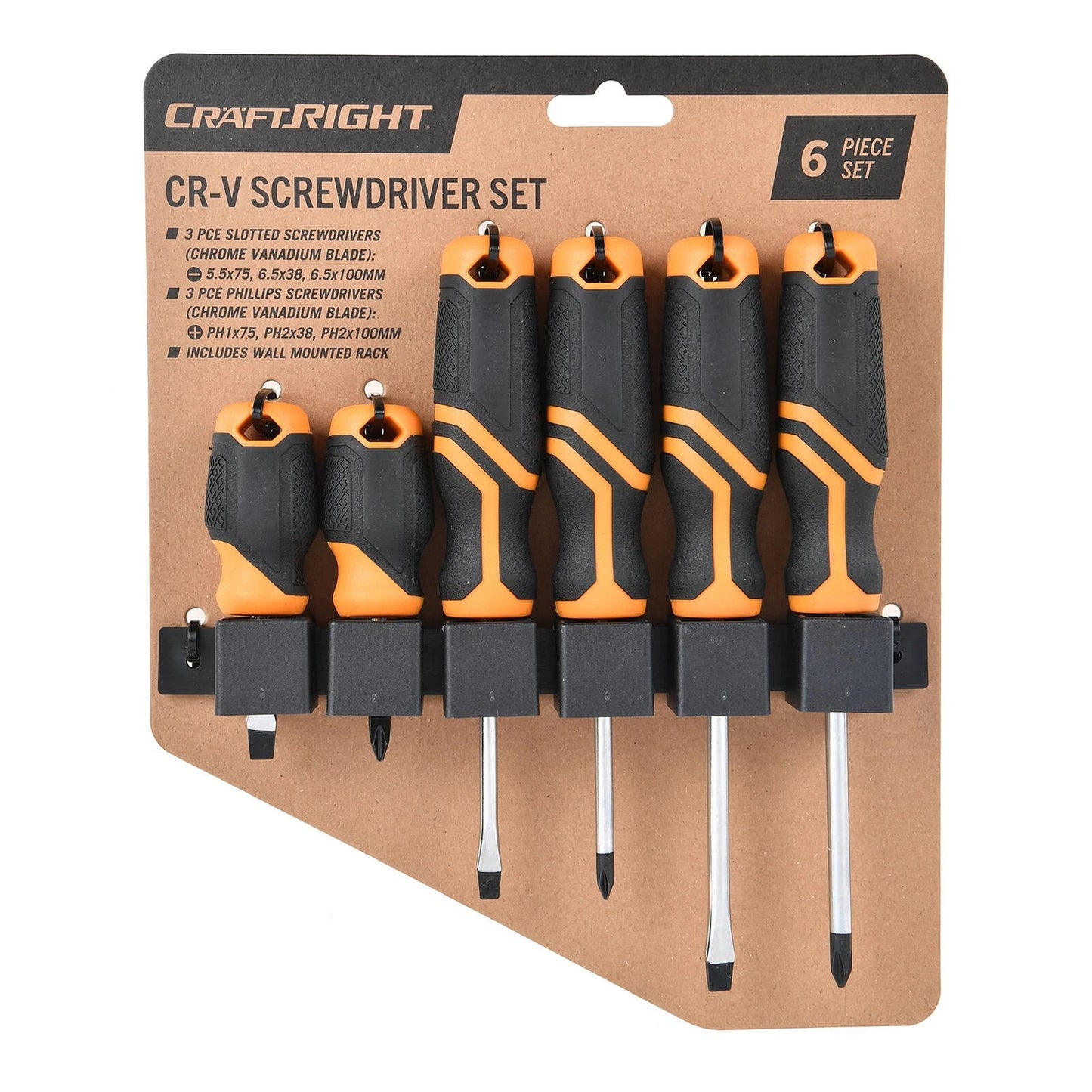 Craftright 6 Piece Screwdriver Set with Soft Grip Handles & Wall Mountable Rack