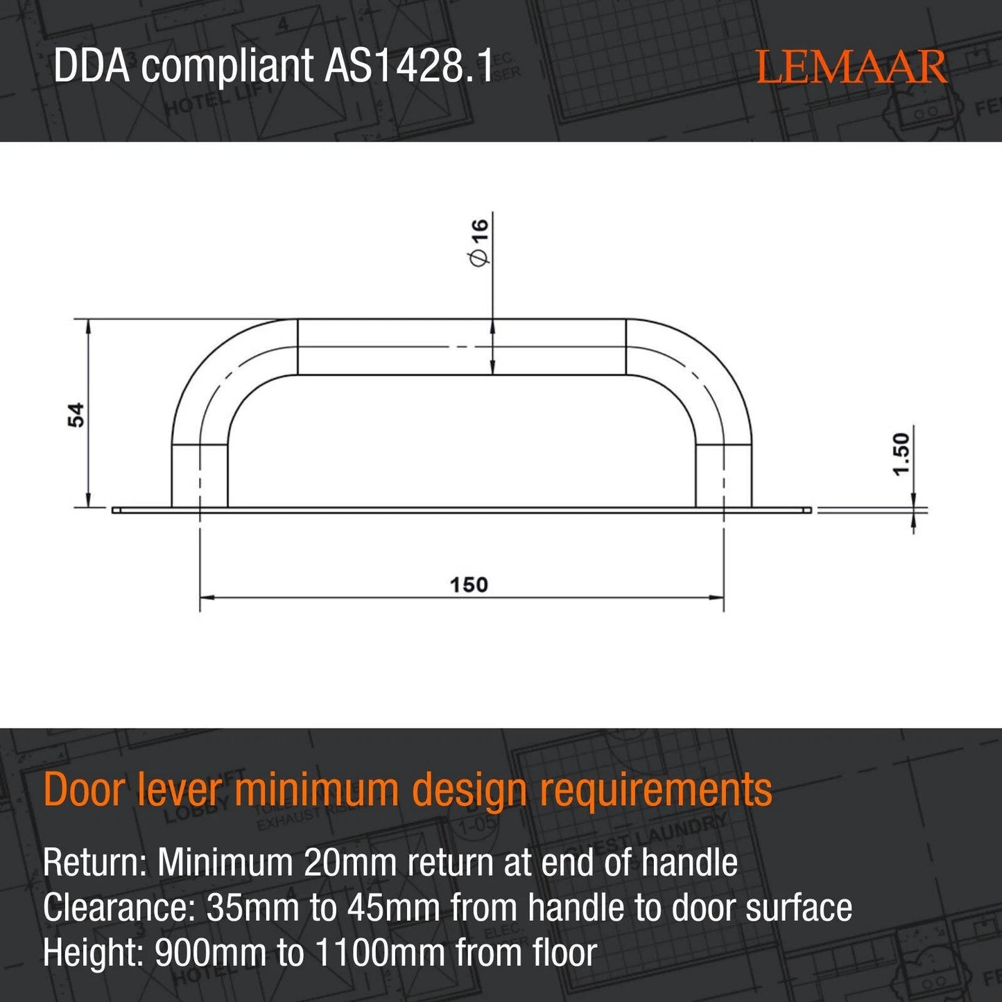 Lemaar Black D-Pull Plate 200mm x 50mm DDA Compliant Stainless Steel Door Handle
