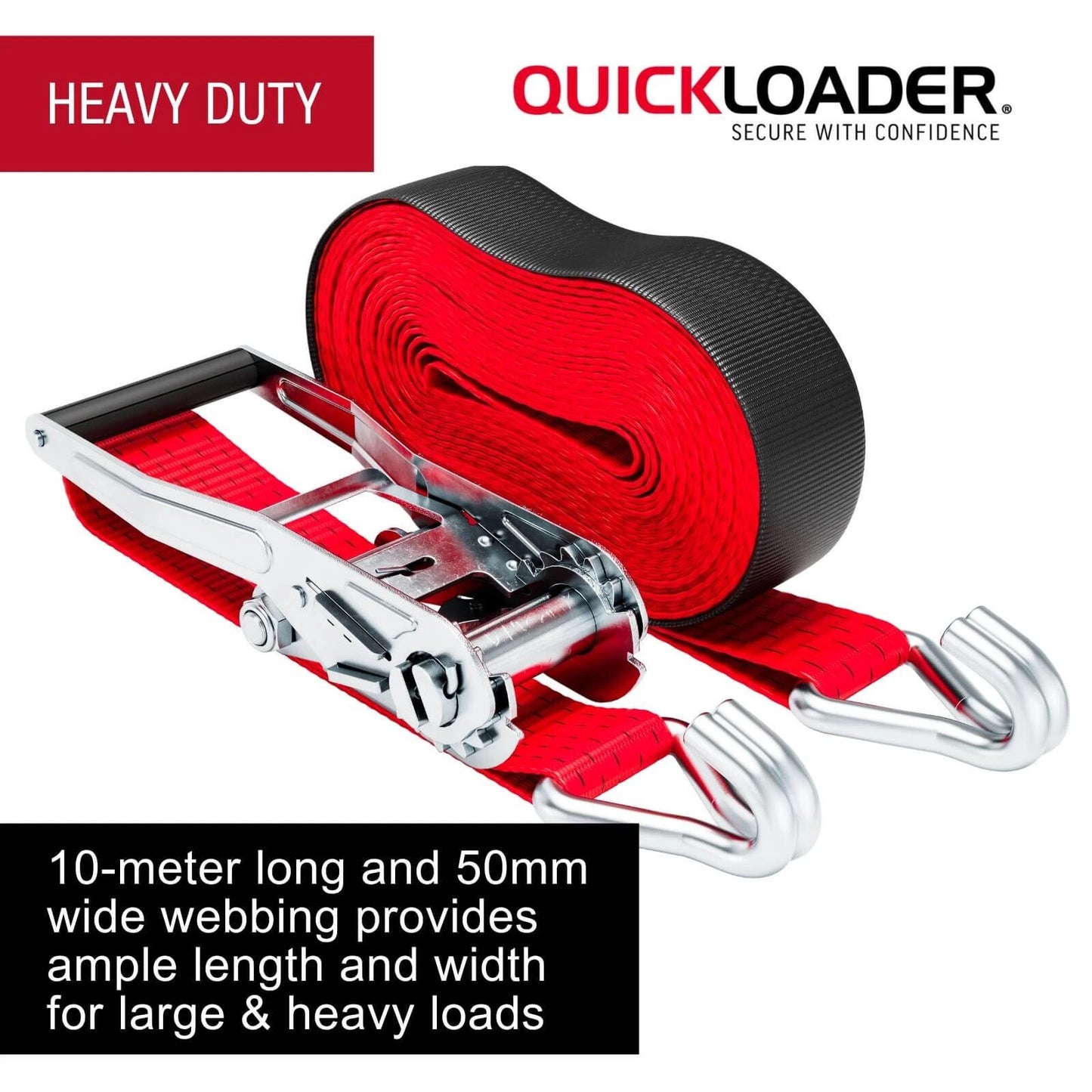 Quickloader 10m Ratchet Strap Tie Down 2500kg Lashing Capacity with Steel J-Hooks