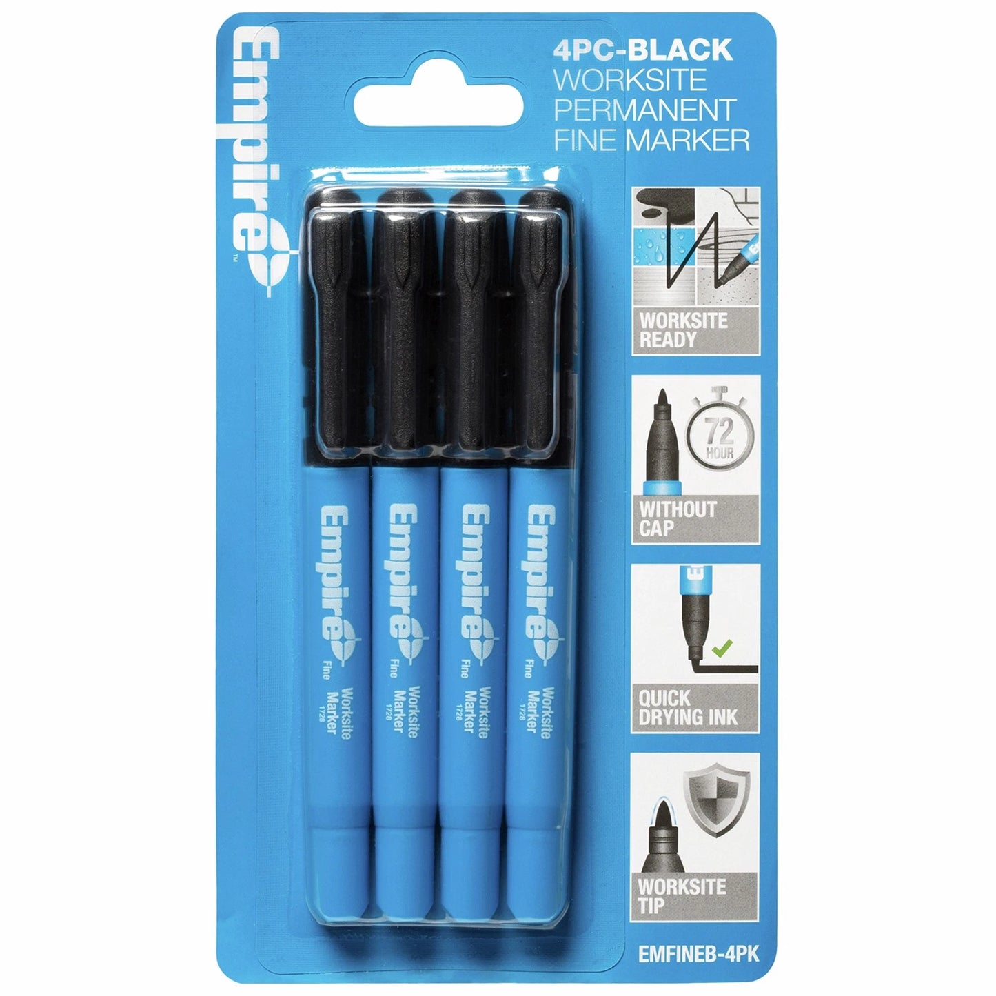 Empire Black Fine Tip Worksite Marker 4 Pack - Permanent, Waterproof, Quick Dry
