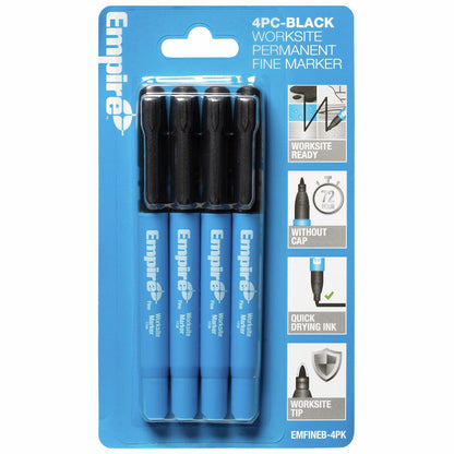 Empire Black Fine Tip Worksite Marker 4 Pack - Permanent, Waterproof, Quick Dry