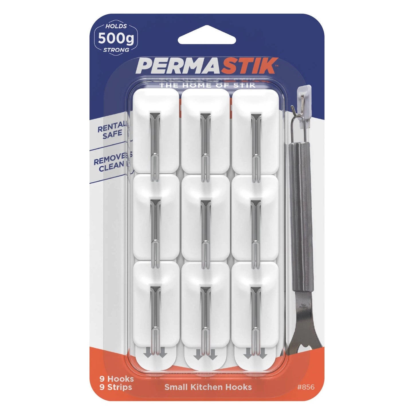 Permastik Small Kitchen Hooks 9 Pack, Strong Adhesive, No Drilling, Clean Removal