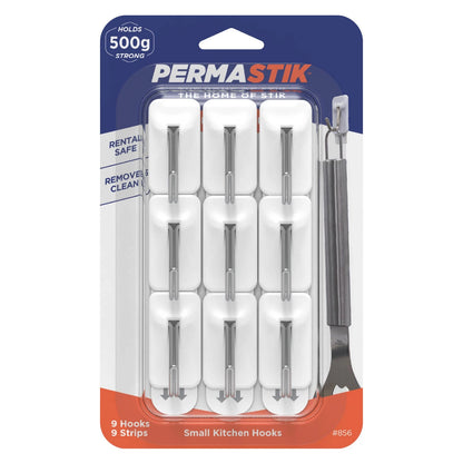 Permastik Small Kitchen Hooks 9 Pack, Strong Adhesive, No Drilling, Clean Removal
