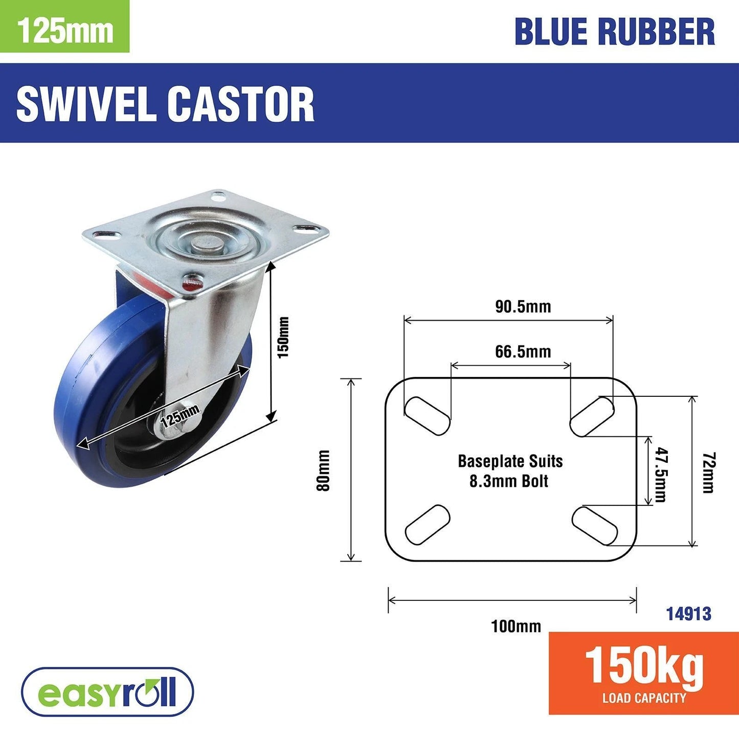 Easyroll 125mm Blue Rubber Heavy Duty Swivel Castor 150kg Load Capacity