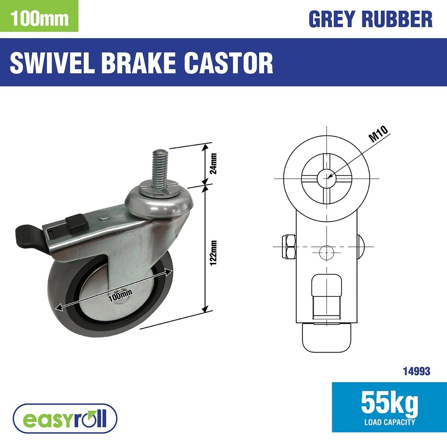 Easyroll 100mm Grey Rubber Swivel Castor with Brake, 55kg Load, Indoor Use