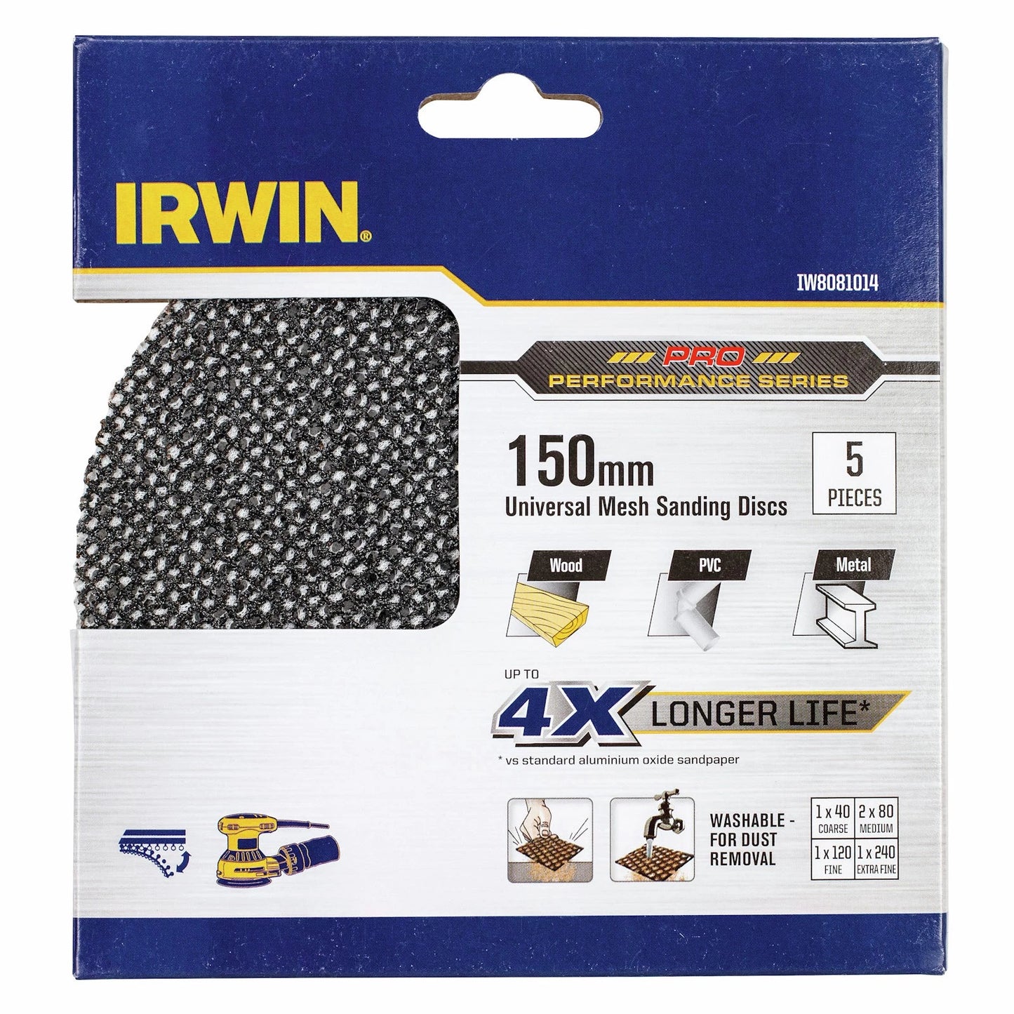 Irwin 150mm Mixed Grit Orbital Sanding Disc 5 Pack - Extended Lifespan & Universal Fitment