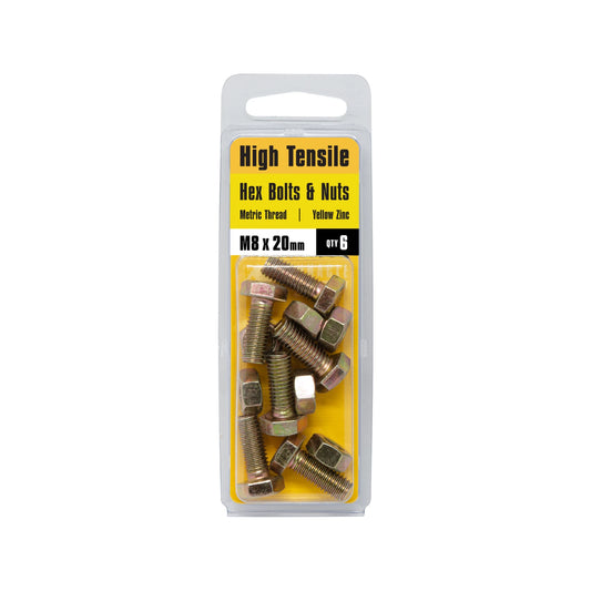 Pinnacle 8x20mm Yellow Zinc Hi Tensile Hex Bolt & Nut 6 Pack - Corrosion Resistant