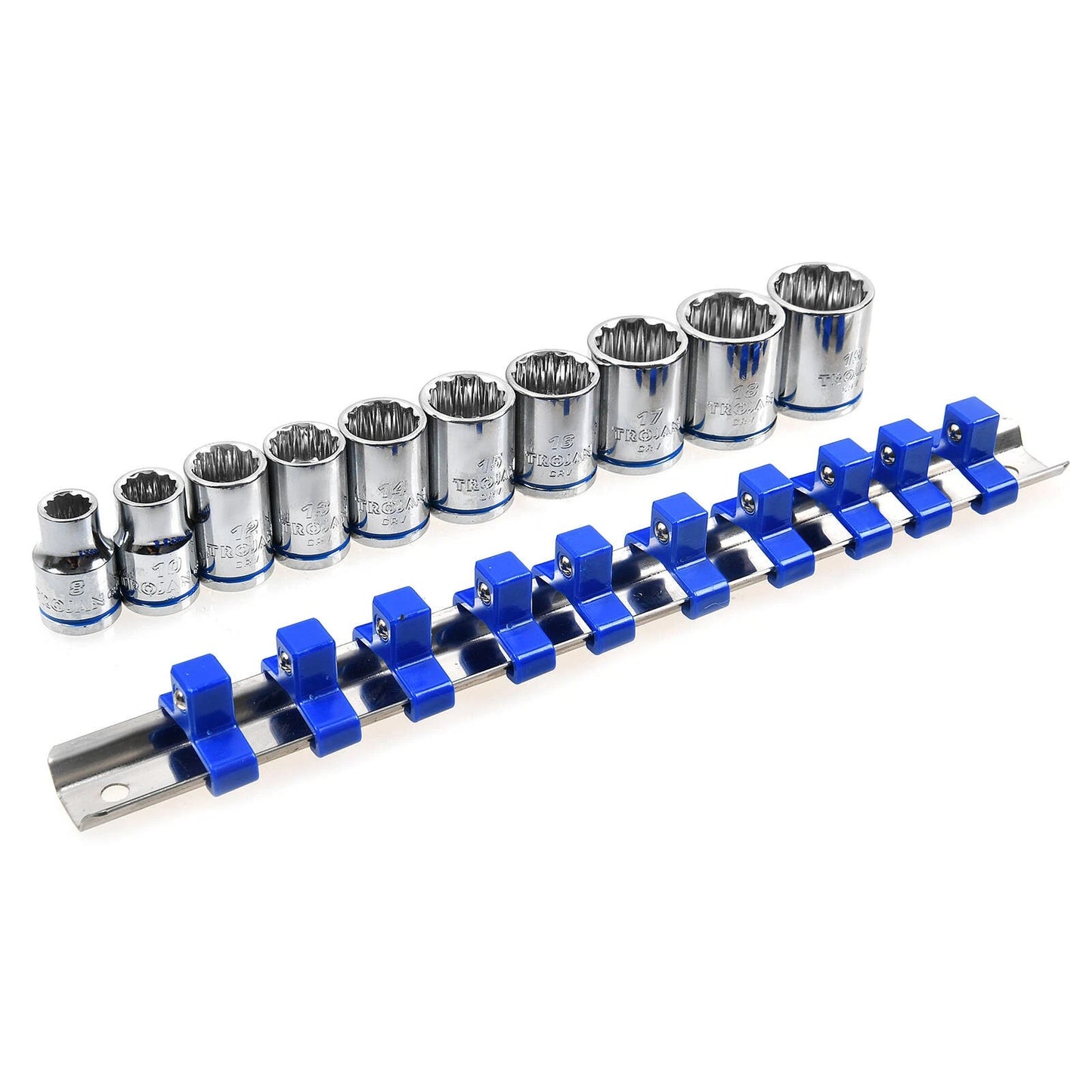 Trojan 10 Piece 3/8" Socket Rail Set - Chrome Vanadium, 12 Point, Lifetime Warranty