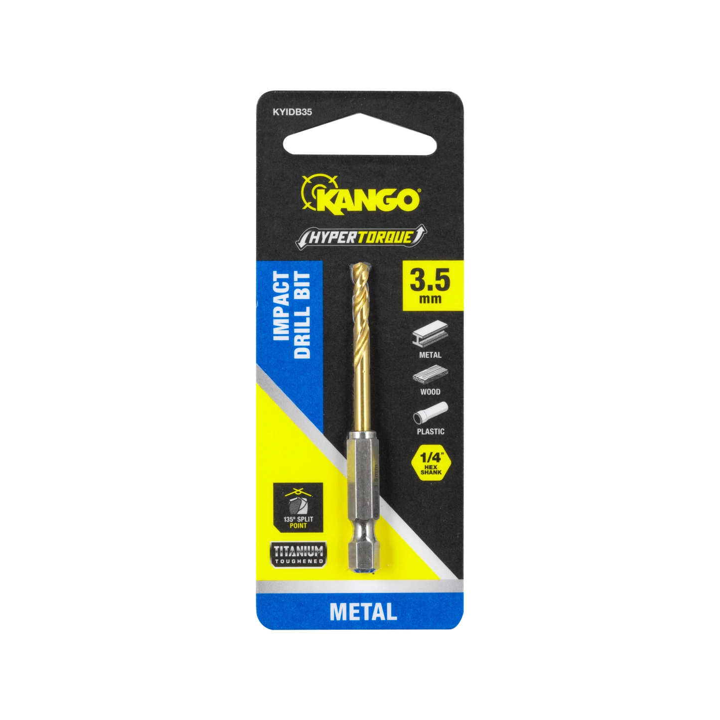 Kango 3.5mm Hypertorque Impact HSS Drill Bit, Titanium Coated, 135° Split Point, ¼” Hex Shank