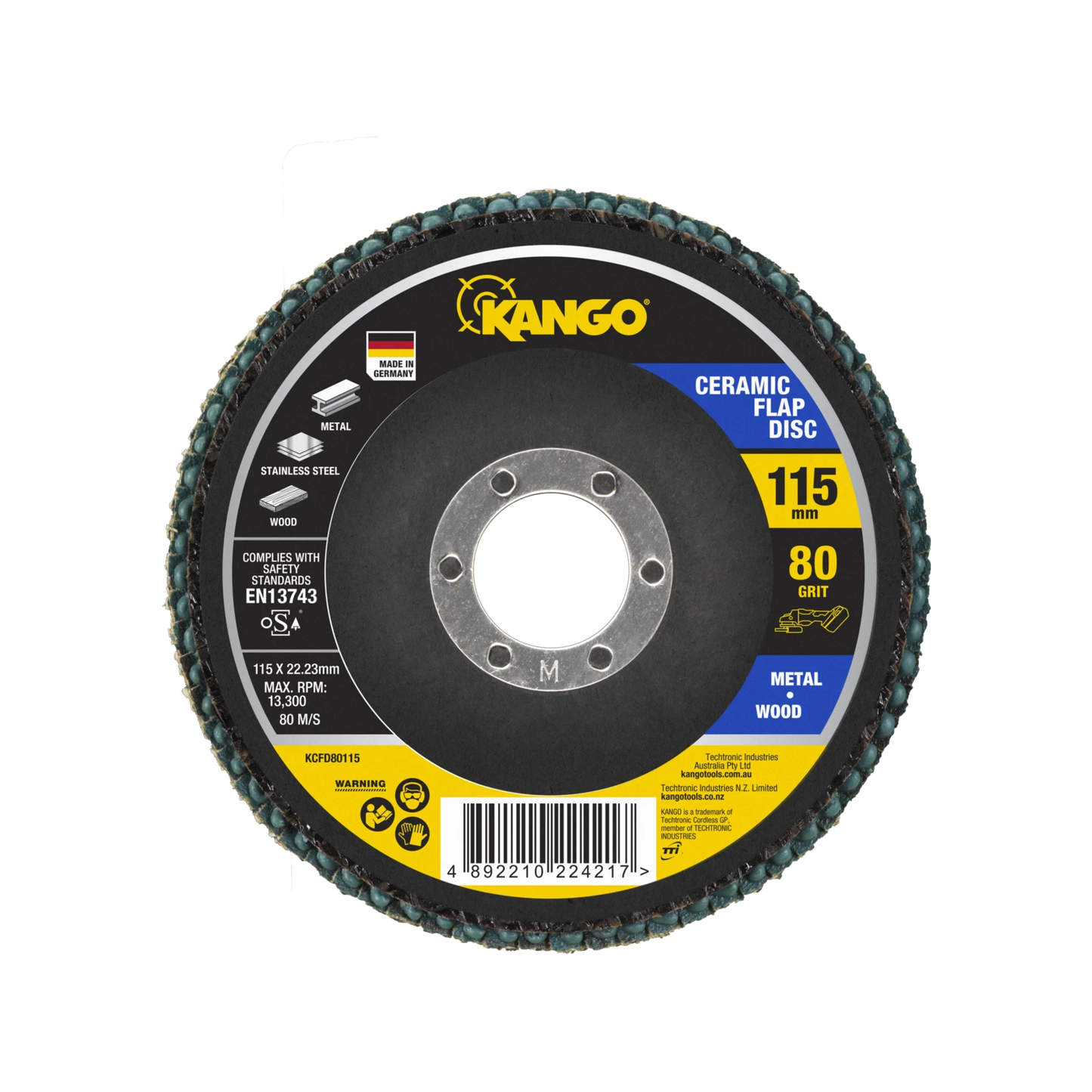 Kango 115mm 80G Ceramic Flap Disc, Self-Sharpening, High Removal Rate, Angle Grinder Compatible