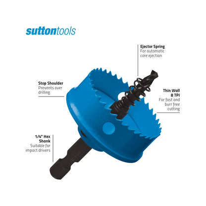 Sutton Tools 60mm Bi-Metal Impact Holesaw, 1/4" Hex Shank, Quick Ejector, Thin Wall 8 TPI