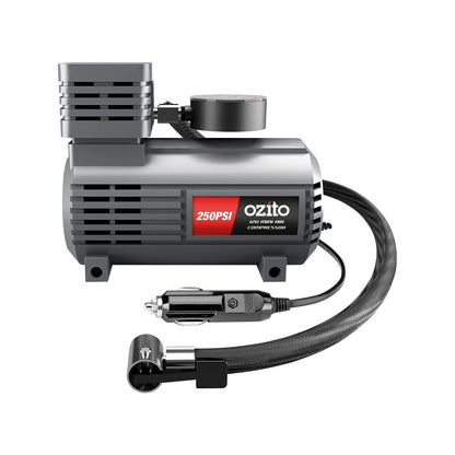 Ozito 12V Mini Air Compressor, Portable Inflator, 250 PSI, 3 Nozzles, Car/Bike/Sports Use