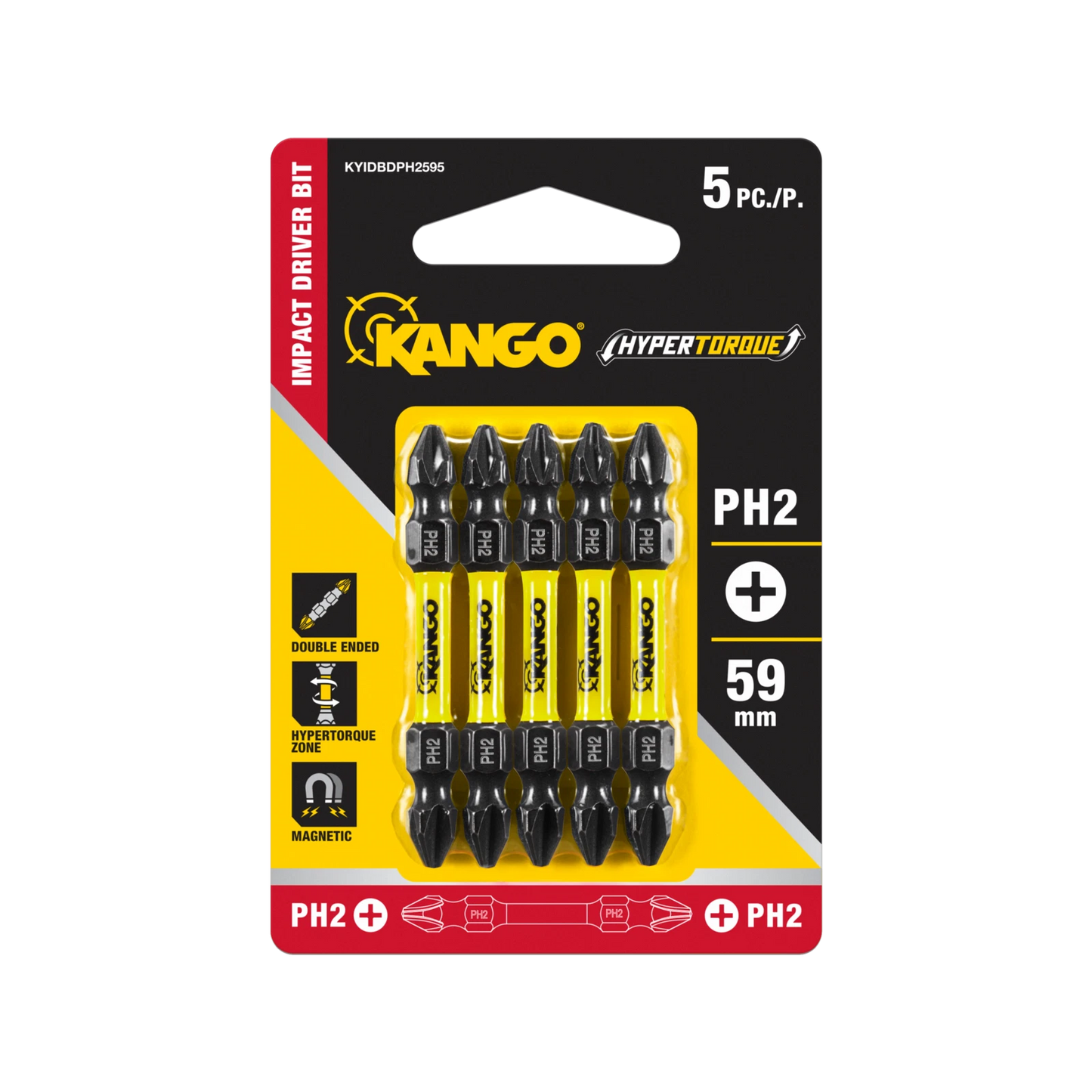 Kango HyperTorque™ Double-Ended PH2 59mm Impact Driver Bits 5 Pack, Magnetic Tips, High-Torque