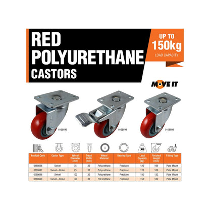 Move It 75mm Red Polyurethane Swivel Castor 120kg Load Capacity