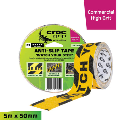 Croc Grip 5m x 50mm Yellow/Black Anti-Slip Tape, P5 Rated, Weather-Resistant, Indoor/Outdoor