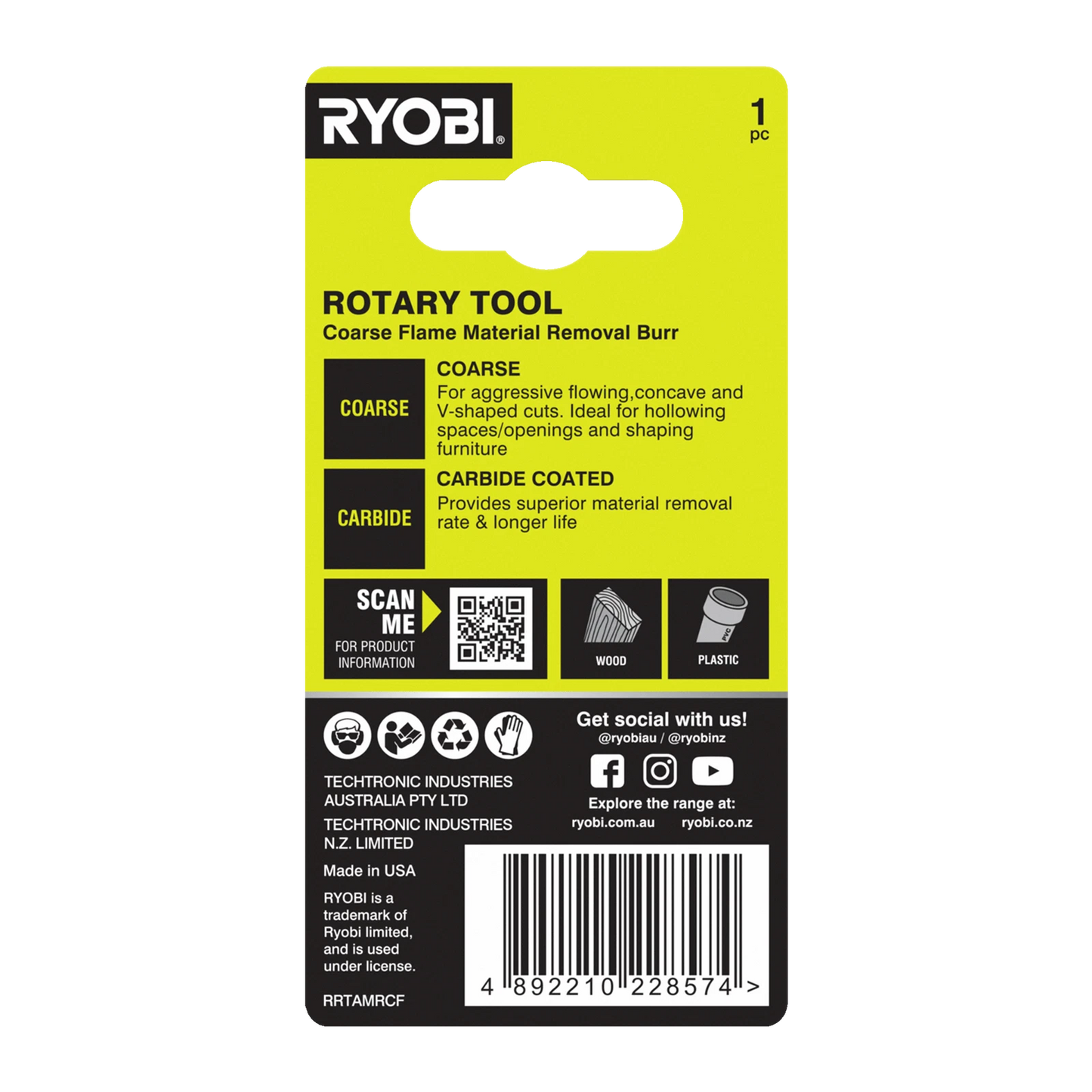 Ryobi Rotary Coarse Flame Burr, Carbide Coated, High RPM, USA Made