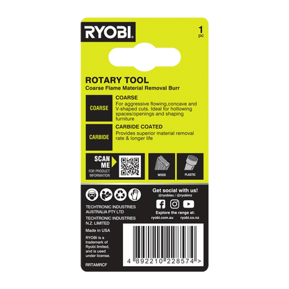 Ryobi Rotary Coarse Flame Burr, Carbide Coated, High RPM, USA Made