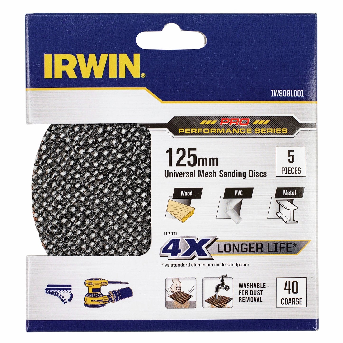 Irwin 125mm 40 Grit Orbital Sanding Discs, 5 Pack - Durable, Washable, Universal Fit