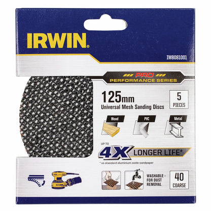 Irwin 125mm 40 Grit Orbital Sanding Discs, 5 Pack - Durable, Washable, Universal Fit