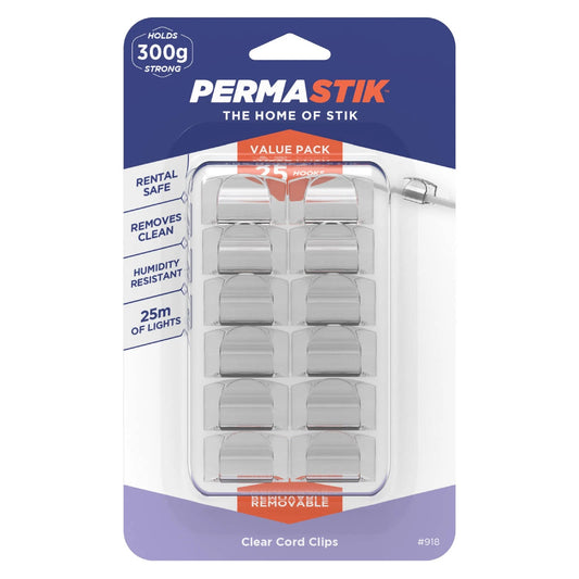 Permastik Clear Cord Clips 25 Pcs - Strong Hold, No Drilling, Clean Removal