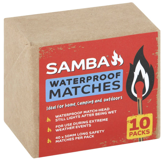 Samba Waterproof Matches - 10 Pack, 50mm Long, Reliable in Wet Conditions