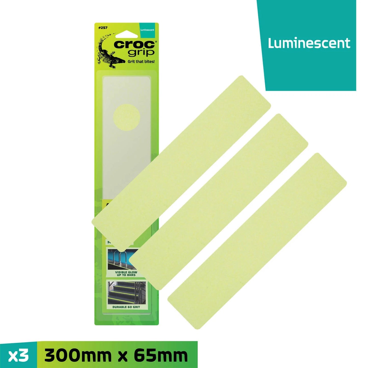 Croc Grip Glow-in-the-Dark Anti-Slip Grit Steps 3 Pack - P5 Rated, Indoor/Outdoor, 60-Grit Surface