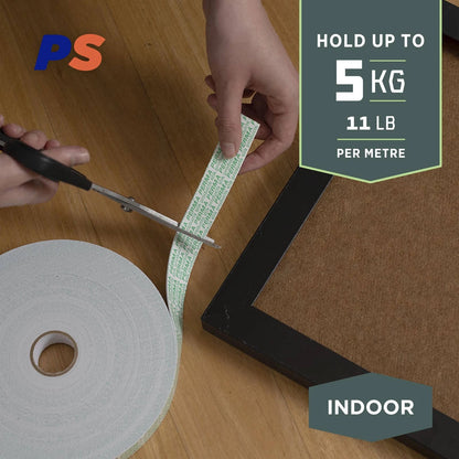 Permastik Indoor Mounting Tape 12mm x 20m - Strong Foam, Holds 5kg/m, No Drilling Needed