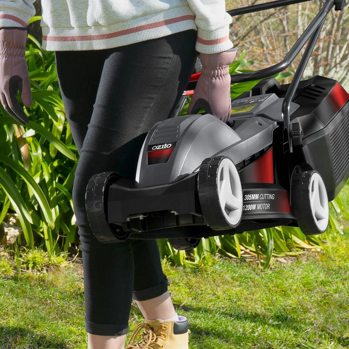 Ozito 1200W Corded Lawn Mower, 305mm Blade, Lightweight, Adjustable Height, 25L Catcher