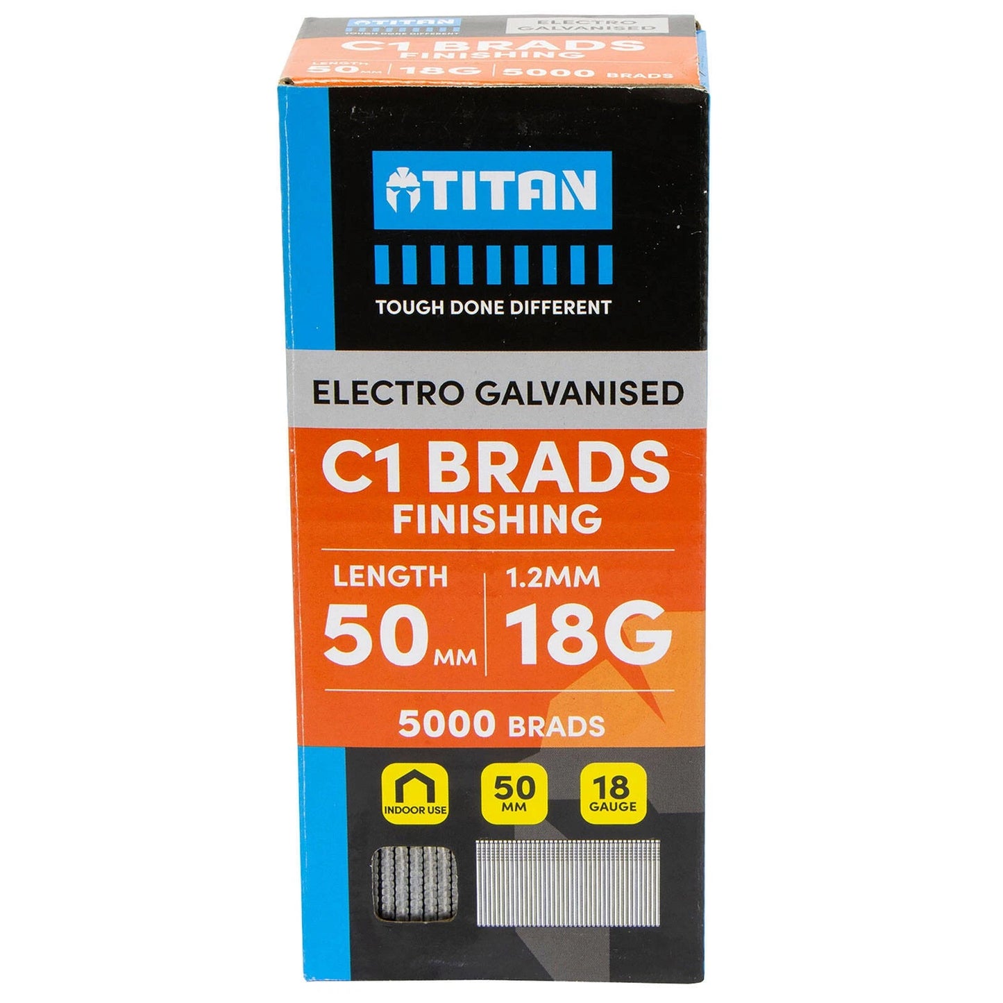 Titan 50x1.25mm Electro Galvanised Straight Collated Nail Brads - Pack of 5000