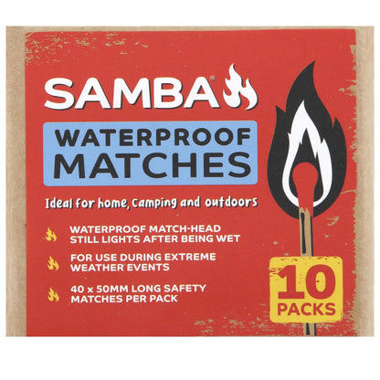 Samba Waterproof Matches - 10 Pack, 50mm Long, Reliable in Wet Conditions